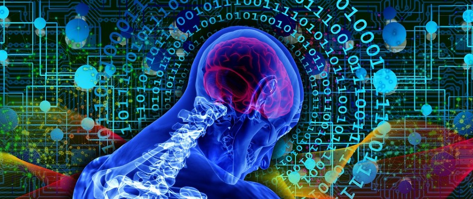 X-ray head and shoulders with binary numbers and circuit boards